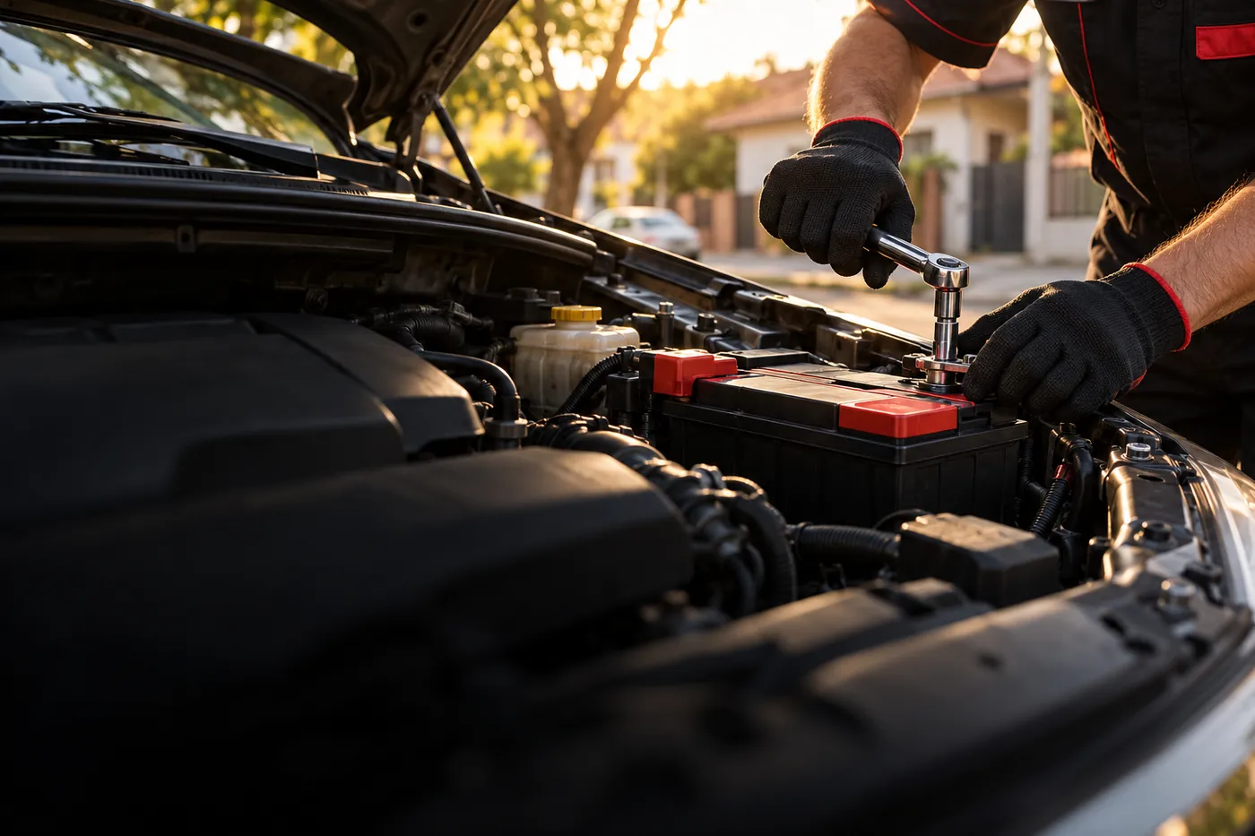 Técnico con guantes colocando una batería nueva en el motor de un auto, frente a una casa